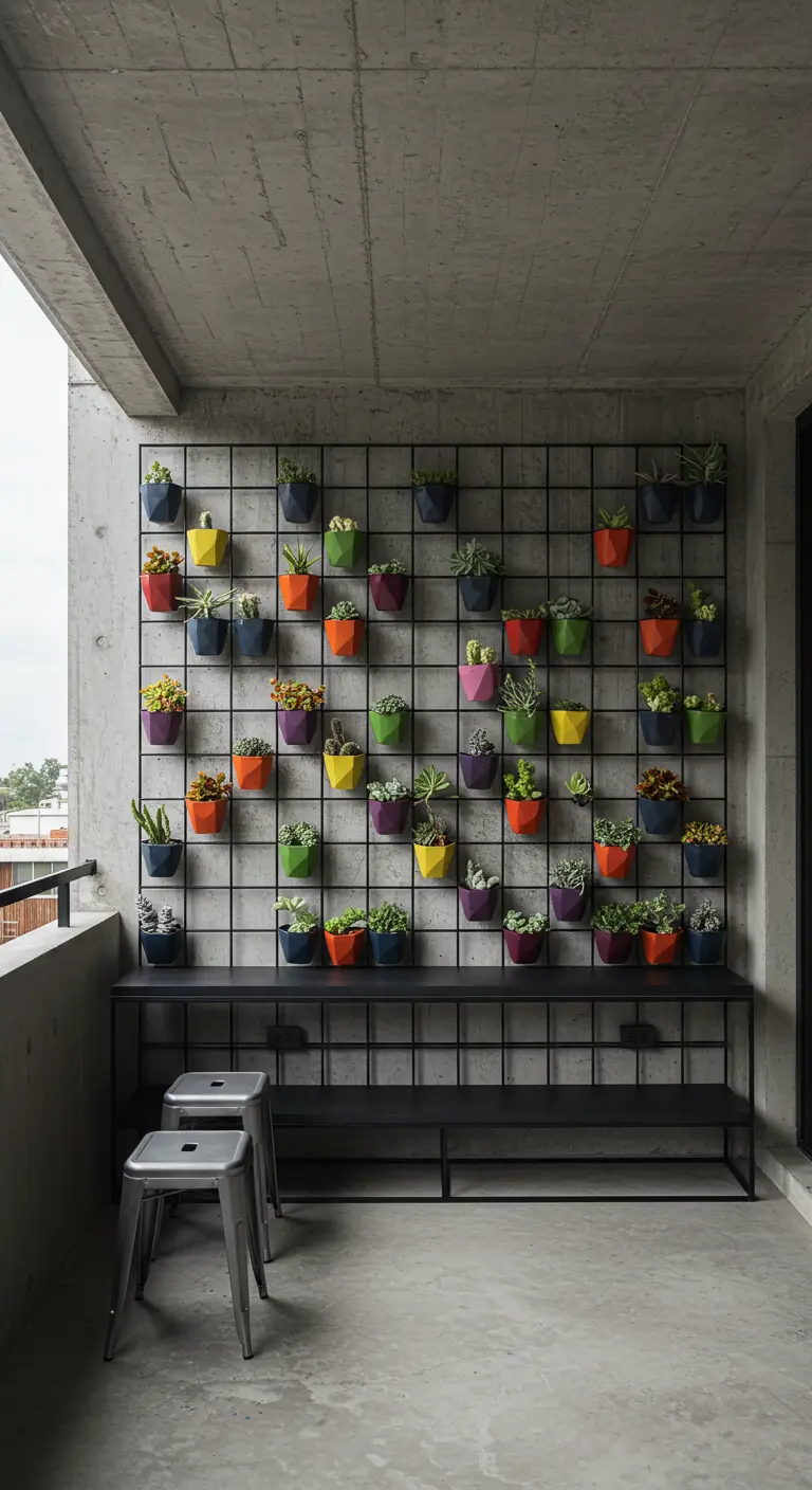 Zwart metalen rooster aan een betonnen muur met kleurrijke potjes vol vetplanten.