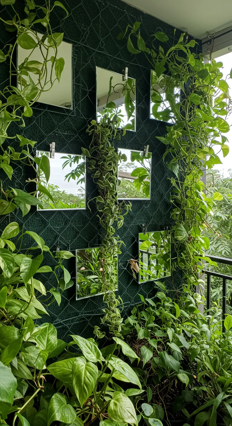 Kleine vierkante spiegels bevestigd op een donkergroen hekwerk, omringd door klimplanten.