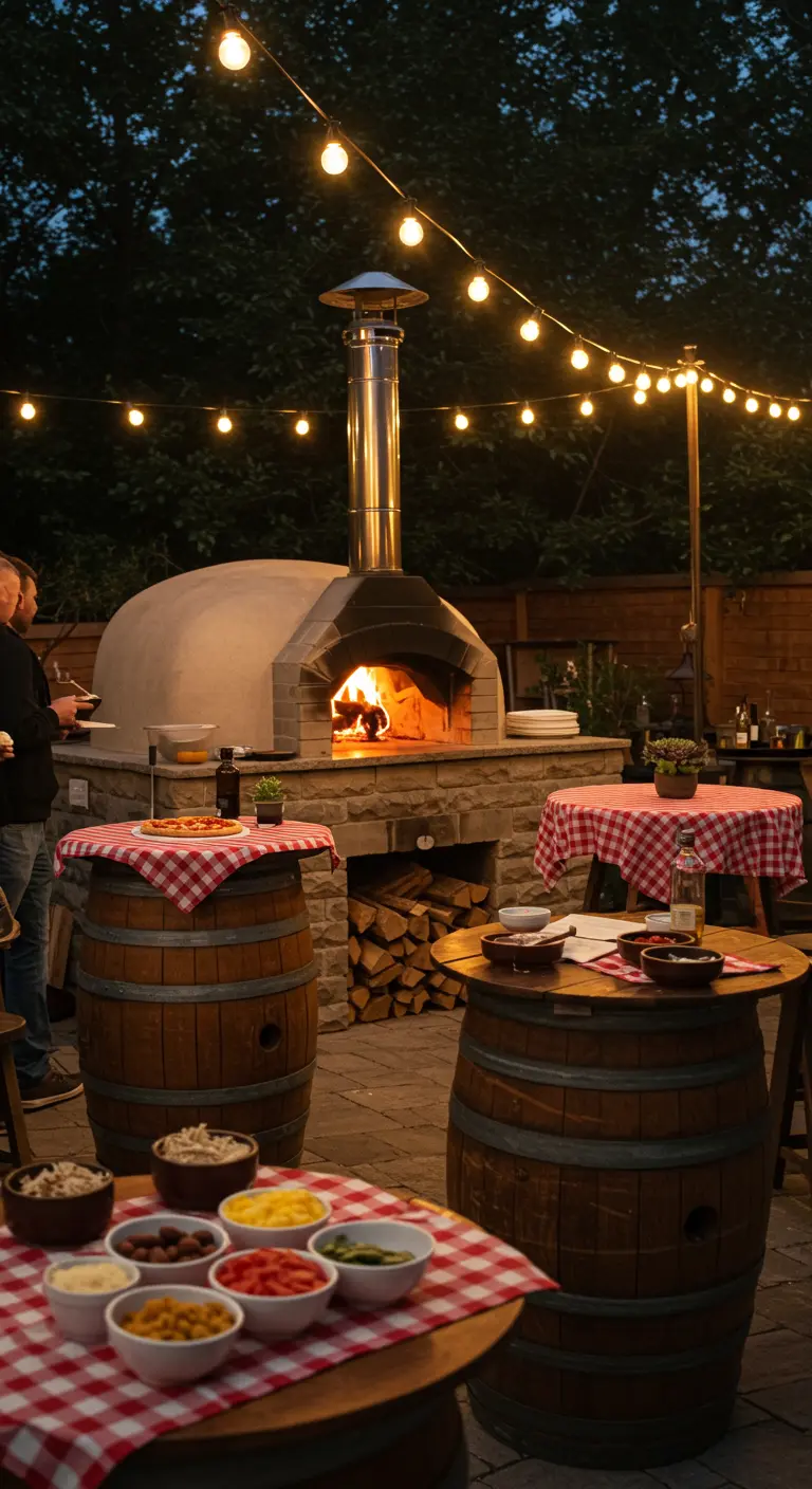 Tuinfeest met een pizzaoven en houten wijnvaten als statafels met rood-wit geblokte kleedjes.