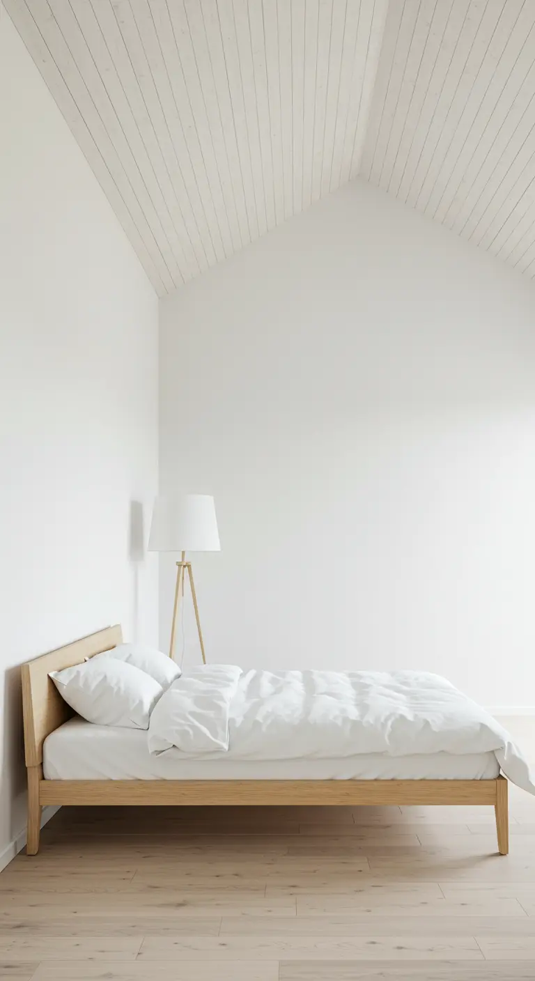 Minimalistische slaapkamer met houten lattenplafond, wit bed en vloerlamp.
