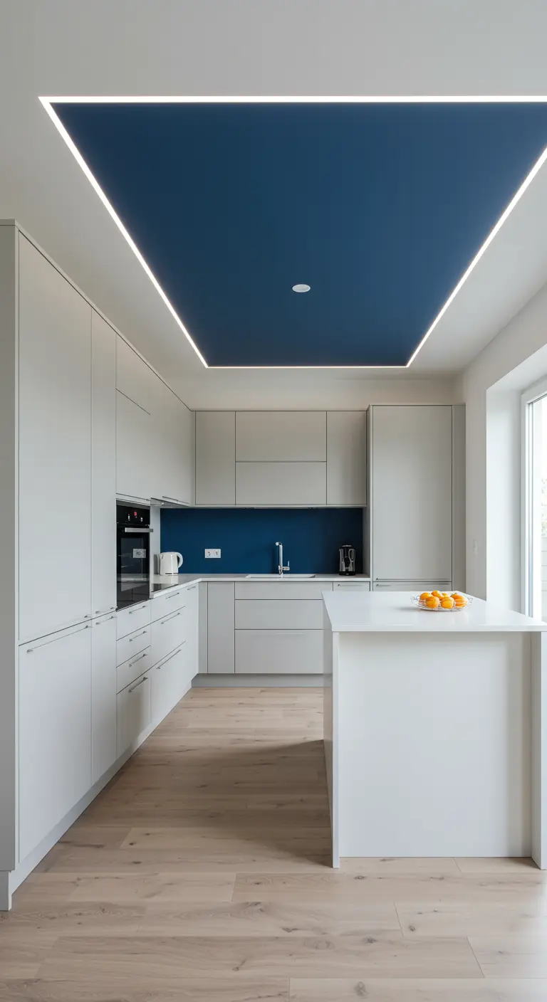 Lichtgrijze keuken met een blauw plafondpaneel met LED-verlichting.
