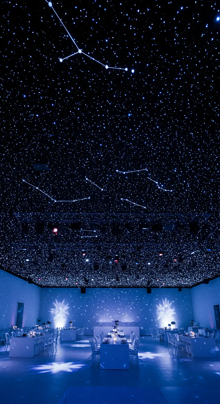 Donkere feestzaal met een plafond dat volledig is verlicht als een sterrenhemel.