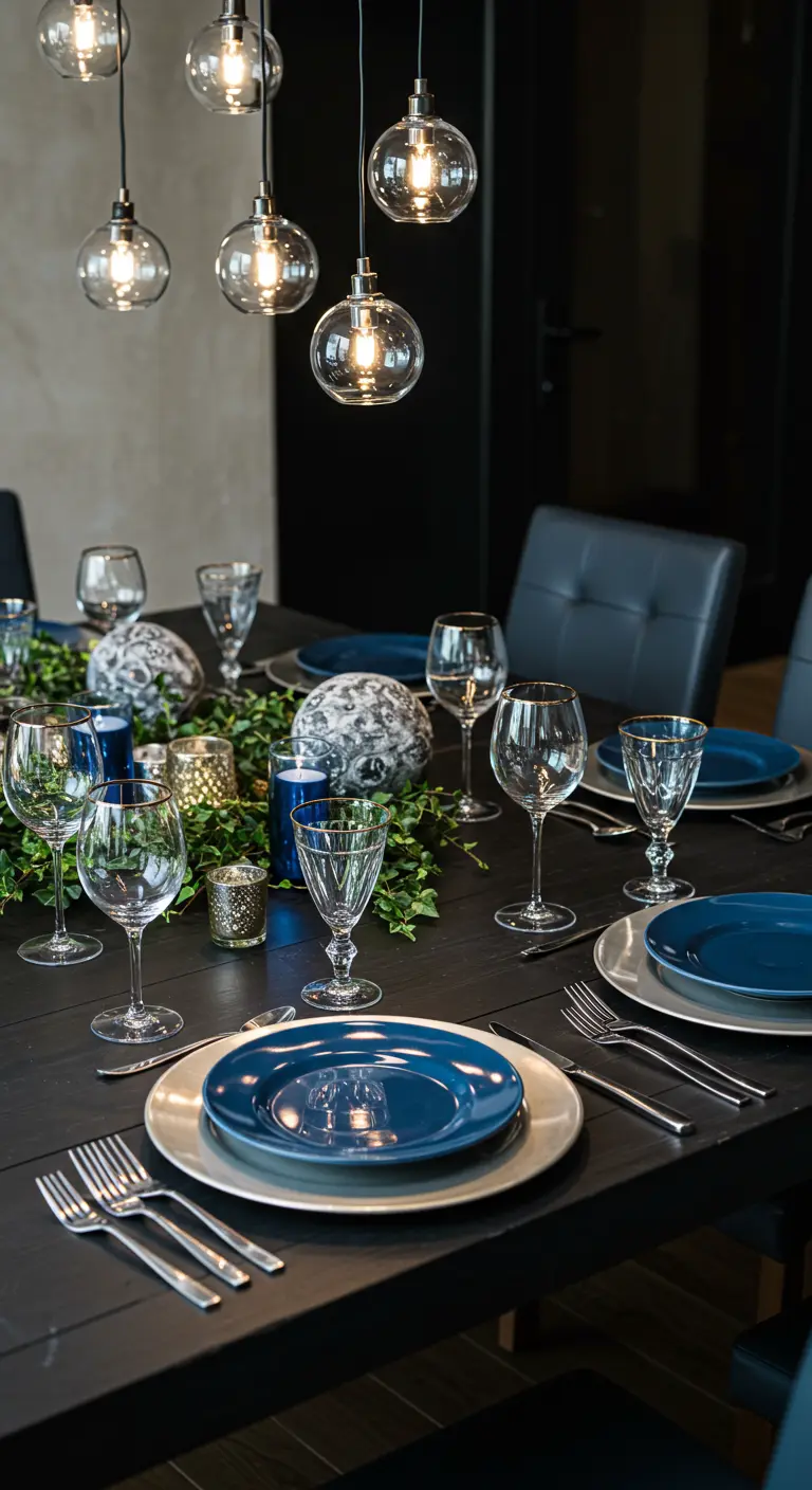 Gedekte tafel met blauwe borden, glazen bollen als lampen en stenen planeten als decoratie.