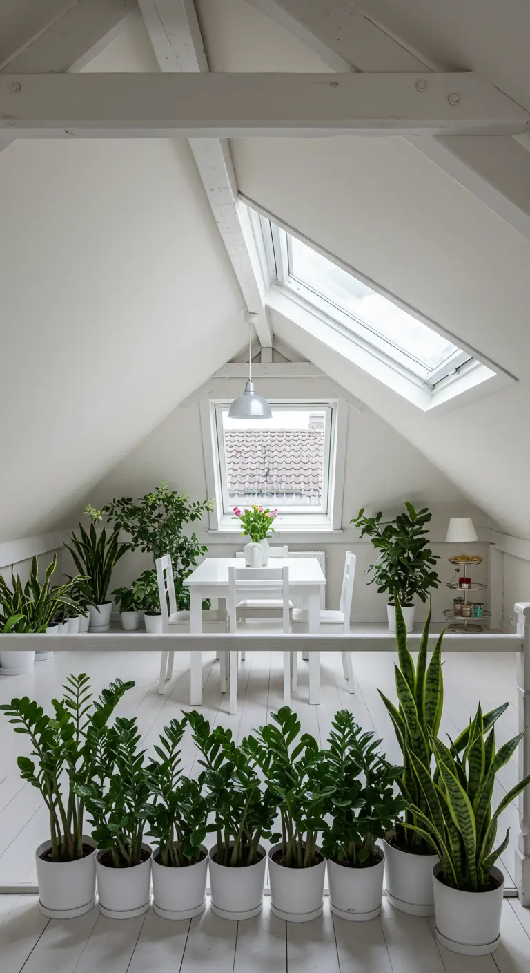 Witte zolder met een eethoek die wordt afgeschermd door een rij Sansevieria-planten.