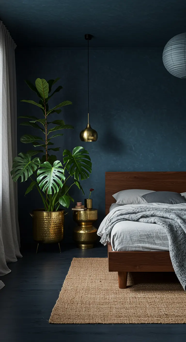 Donkerblauwe slaapkamer met een grote Gatenplant in een messing pot en een juten vloerkleed.