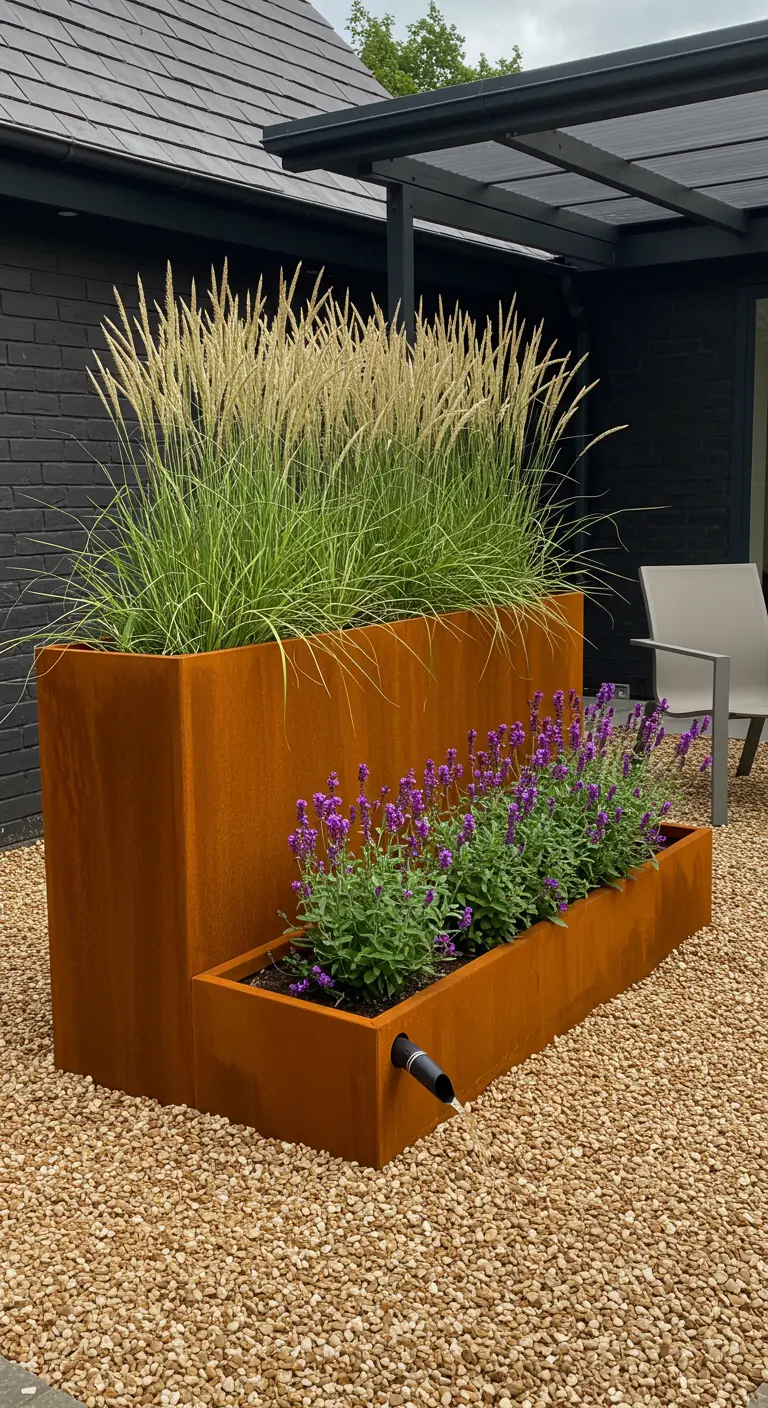 Cortenstaal plantenbak met geïntegreerde regenton en lavendel.