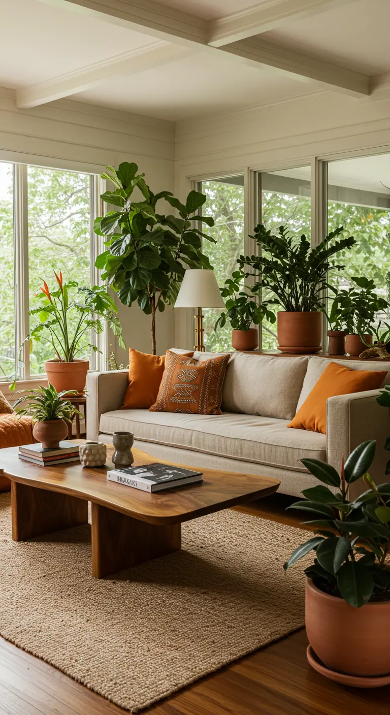 Woonkamer vol grote planten in terracotta potten, lichte bank met oranje kussens en houten salontafel.