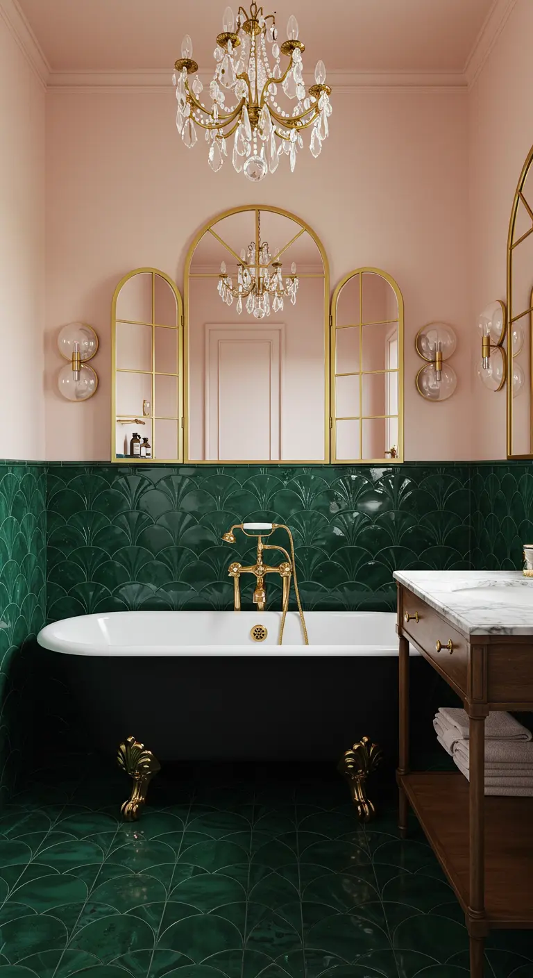 Luxe badkamer met diepgroene waaiervormige tegels, poederroze muren en gouden details.