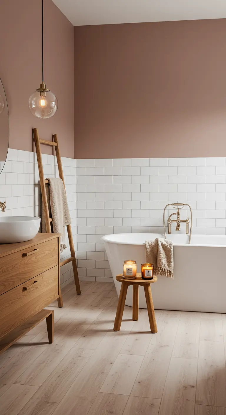 Badkamer met half roze geverfde muur boven witte metrotegels en houten meubels.