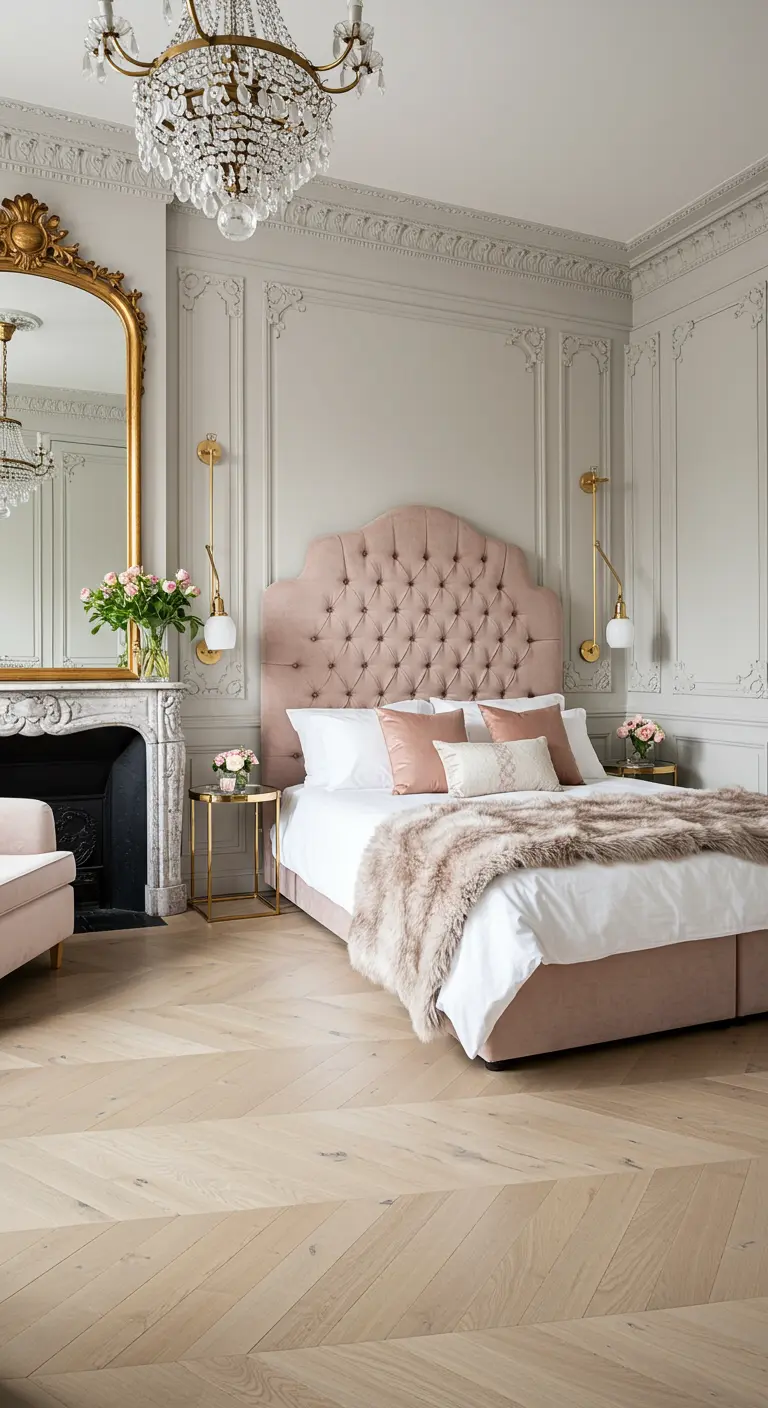 Elegante slaapkamer met een poederroze gecapitonneerd hoofdbord, sierlijsten op de muur en een grote gouden spiegel.
