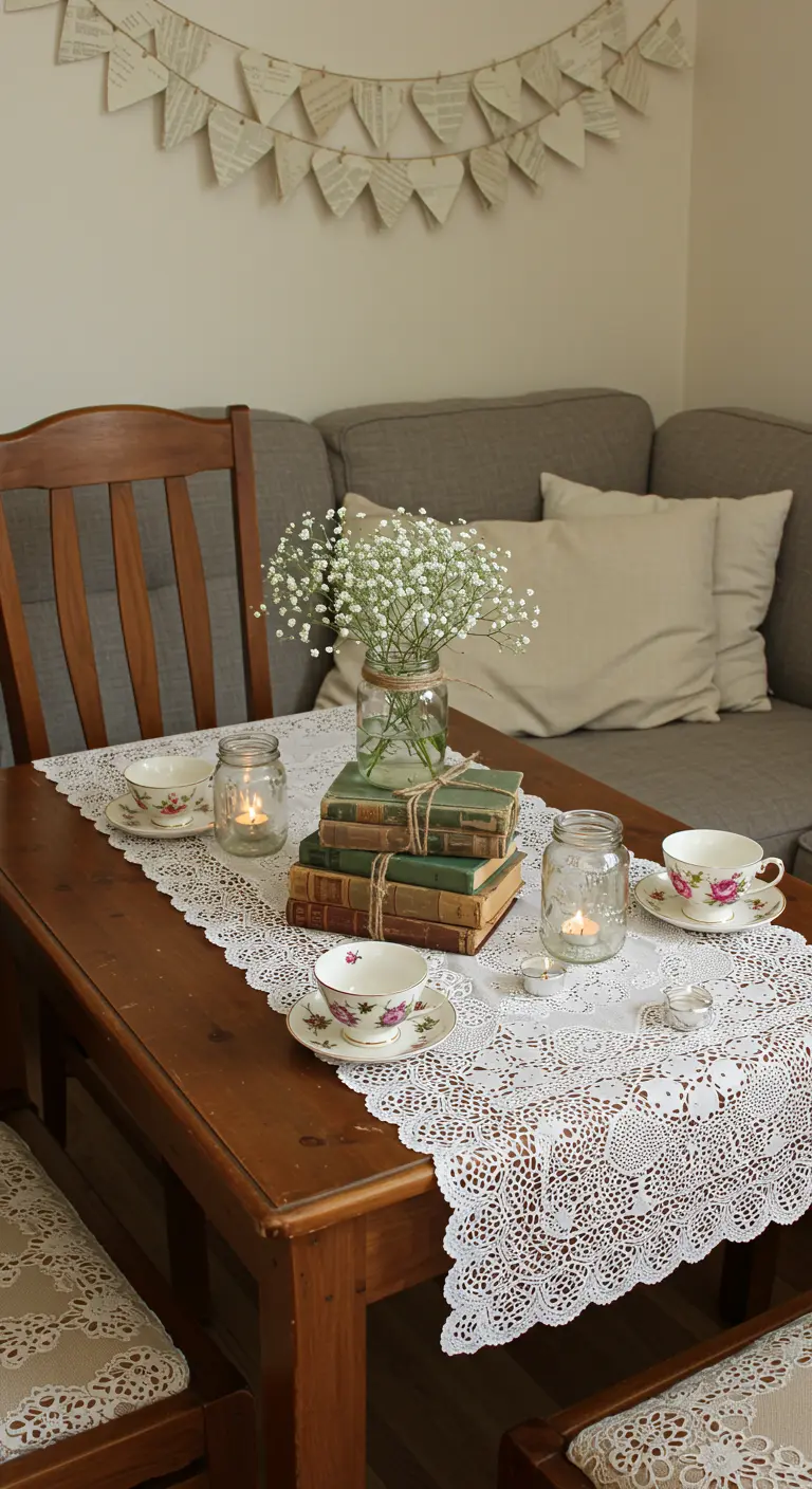 Koffietafel met stapel boeken, gipskruid en kanten kleed.