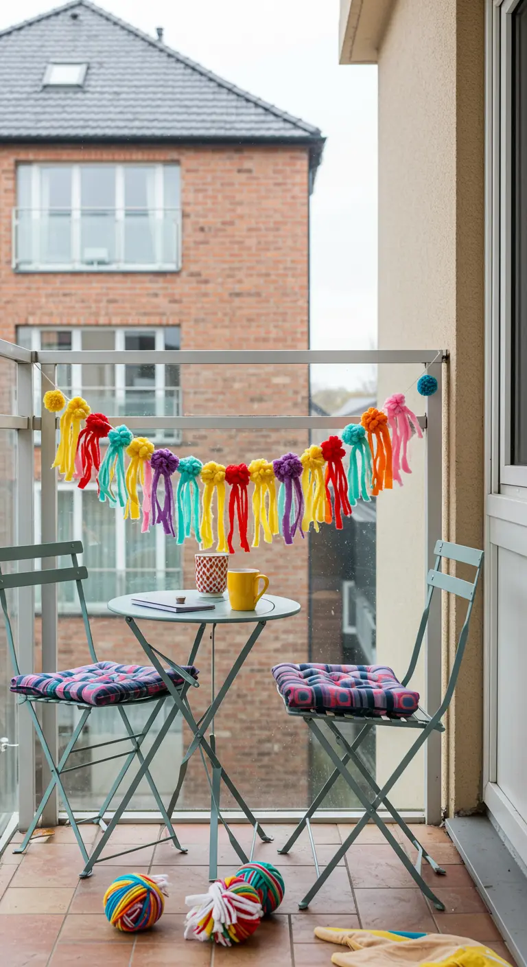 Een vrolijke, kleurrijke slinger met pompons en kwastjes aan een balkonreling.