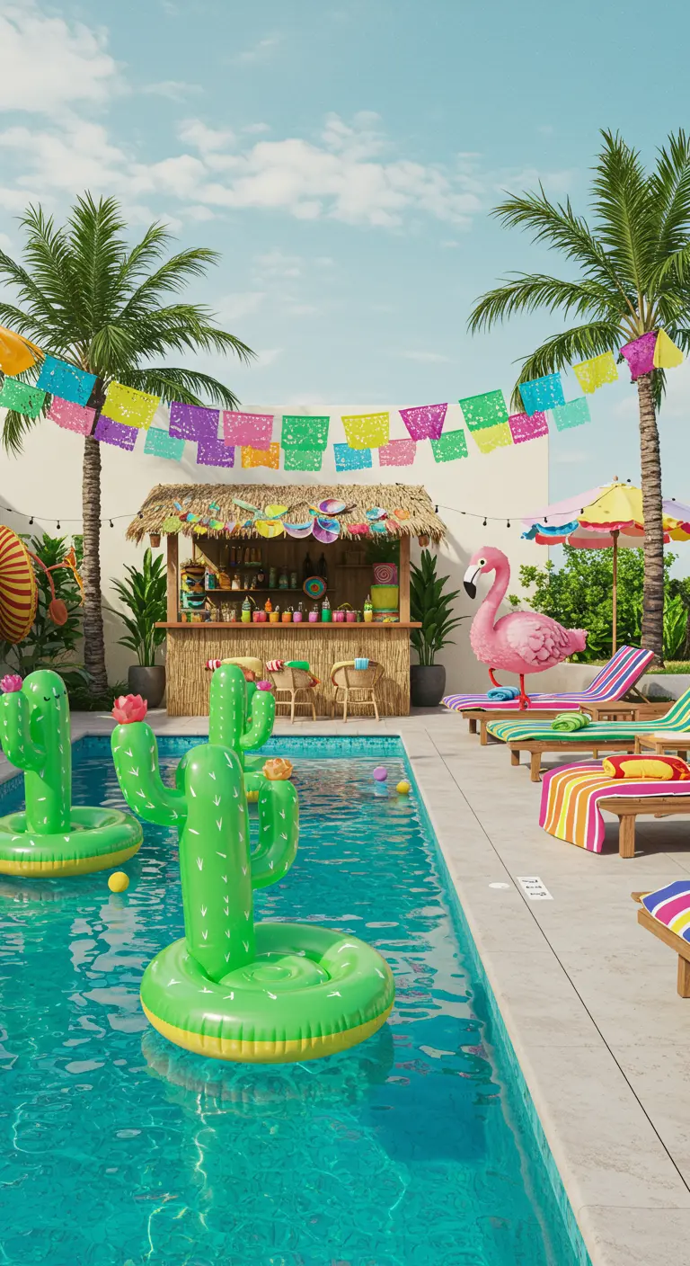 Zwembadfeest met opblaasbare cactussen, een barretje en kleurrijke ligbedden.