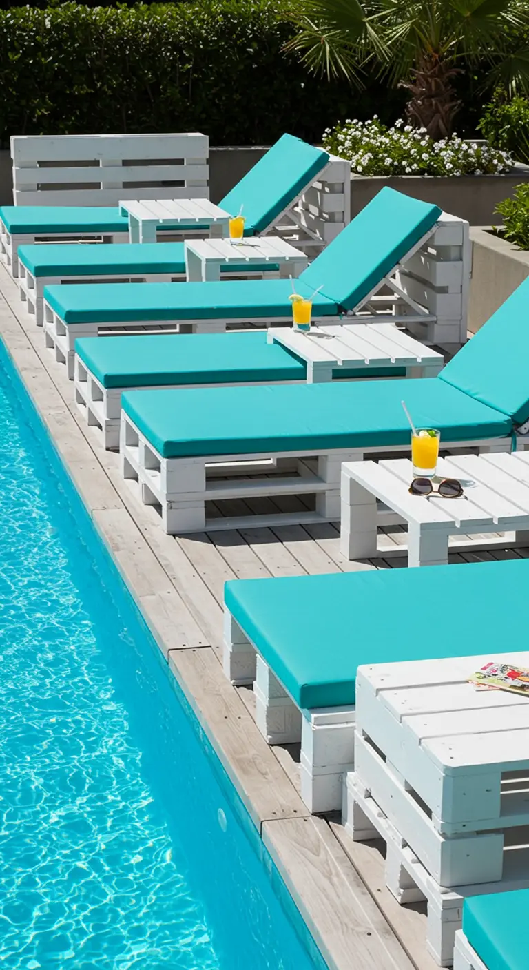 Witte pallet ligbedden met turquoise kussens en tafeltjes langs de rand van een zwembad.