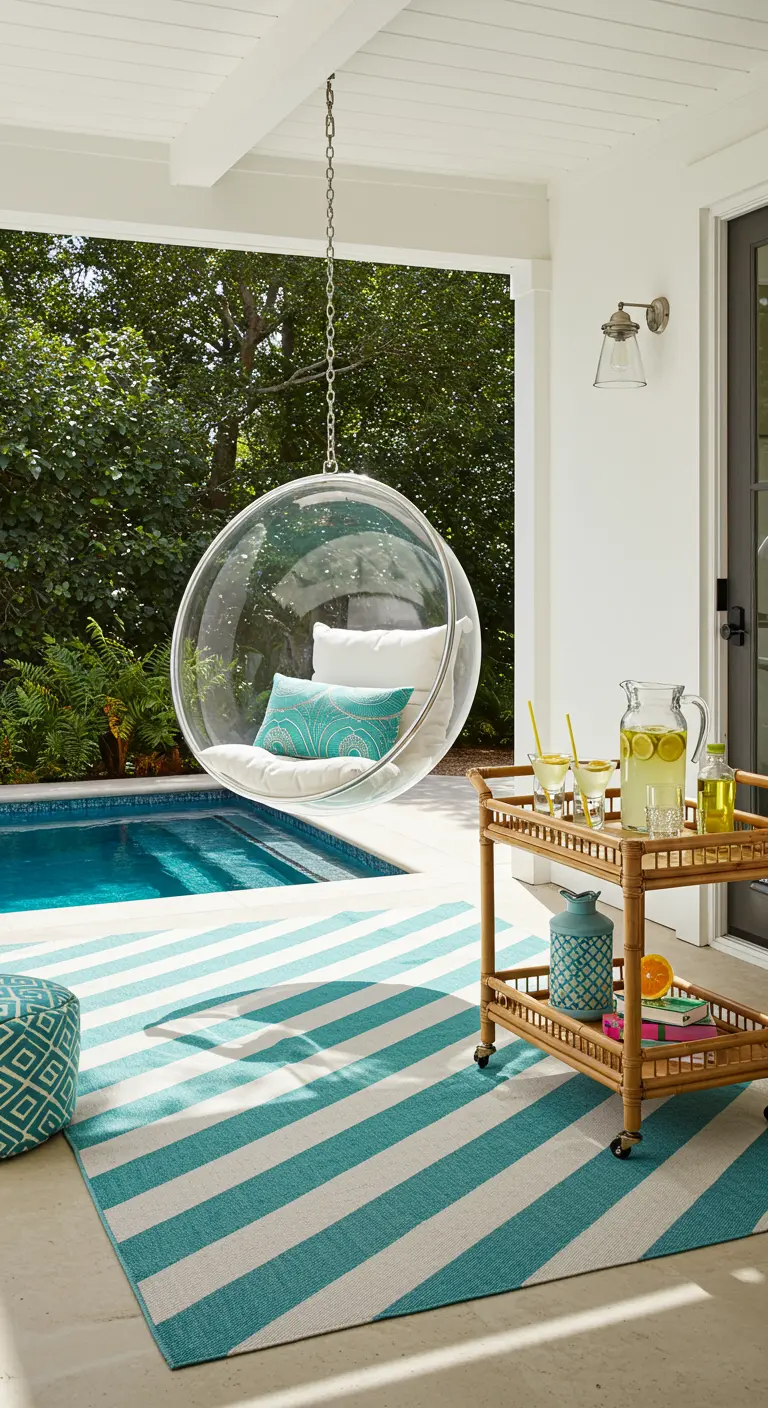 Terras bij zwembad met een transparante hangstoel, bamboe trolley en turquoise kleed.
