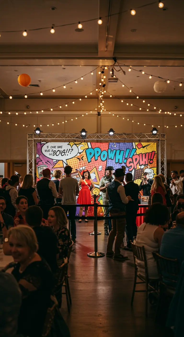 Groot pop-art comic-book paneel als podiumachtergrond op een feest met feestgasten.
