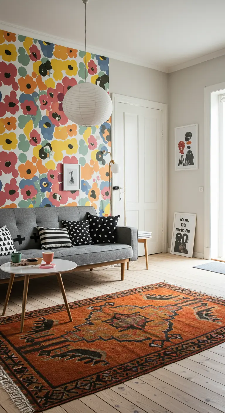 Woonkamer met een kleurrijke bloemenprint op de muur en een grijze bank.