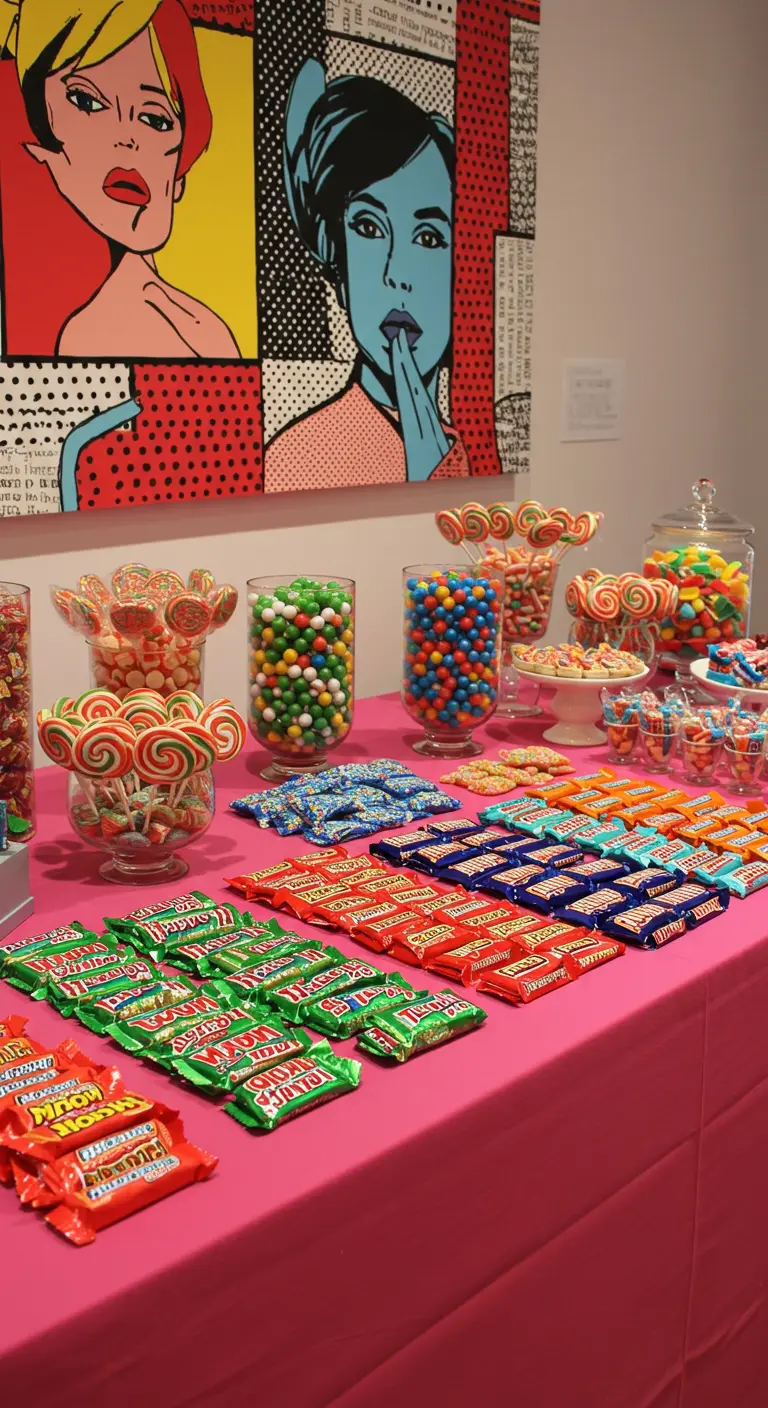 Kleurrijk snoepbuffet met een Pop Art-schilderij op de achtergrond.