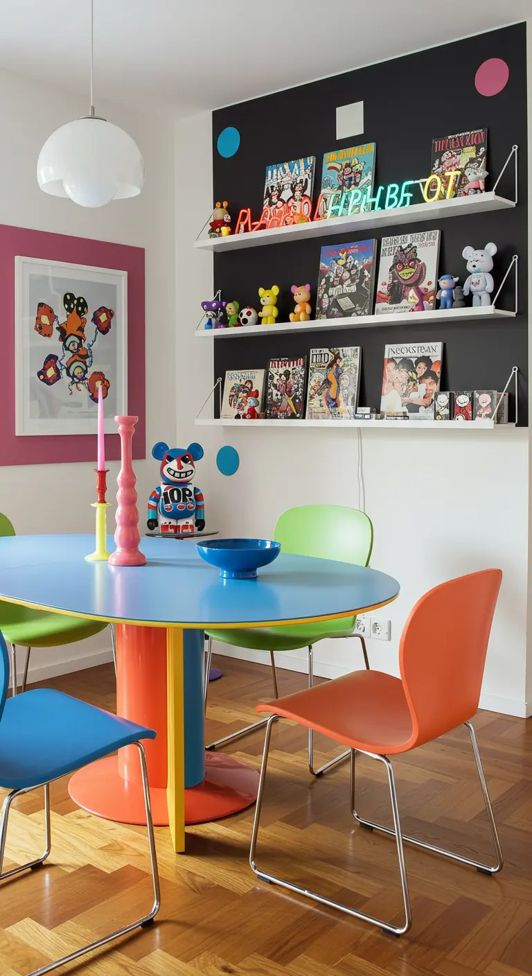 Speelse eetkamer met planken vol stripboeken en toys, en een kleurrijke tafel en stoelen.
