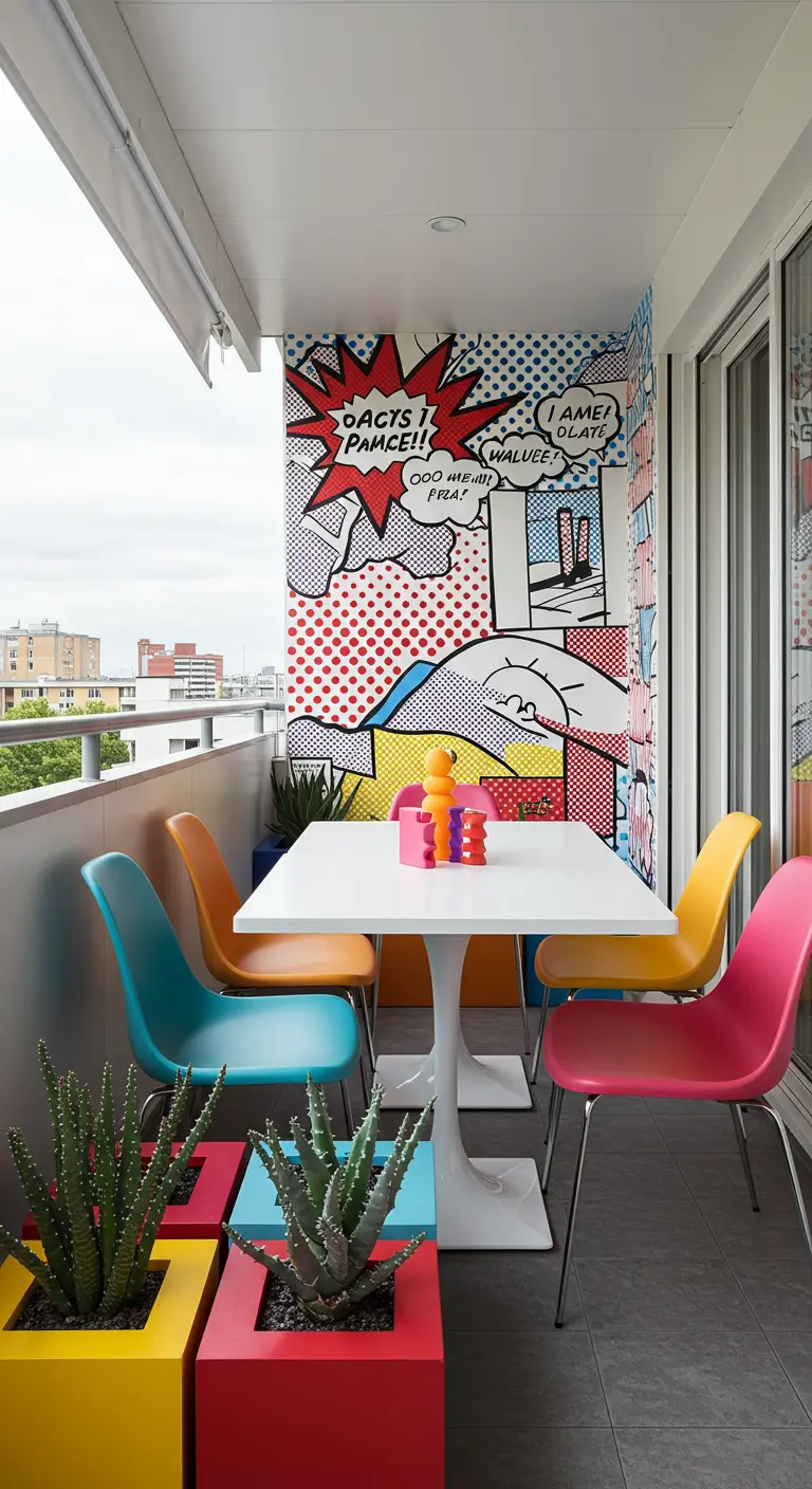 Balkon met een kleurrijke Pop-Art muurschildering en felgekleurde meubels