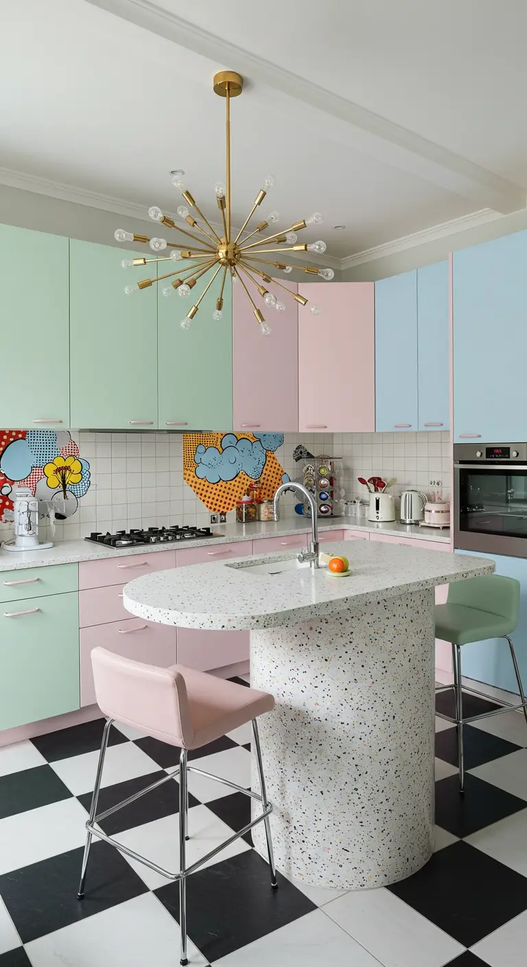 Pop art keuken met pastelkleurige kasten, dambord vloer, comic-style tegels en sputniklamp.