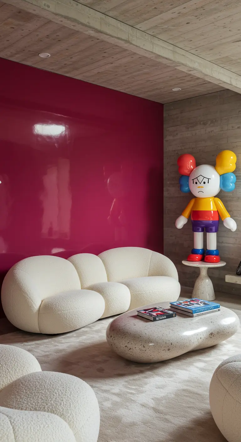 Moderne woonkamer met een witte bouclé bank, een felroze muur en een grote, kleurrijke KAWS-achtige sculptuur.