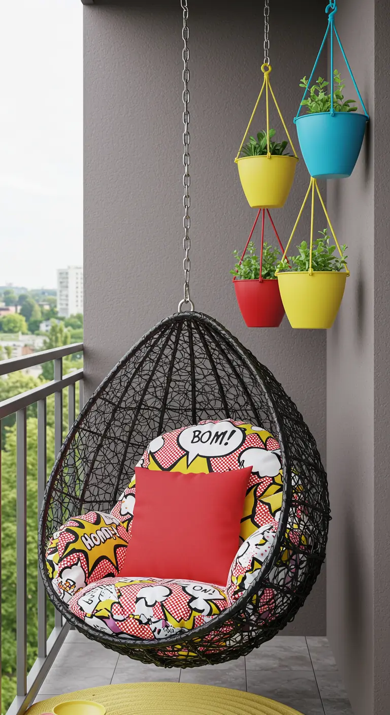 Zwarte hangstoel met een kleurrijk kussen in pop-art stripstijl en felgekleurde hangpotten.