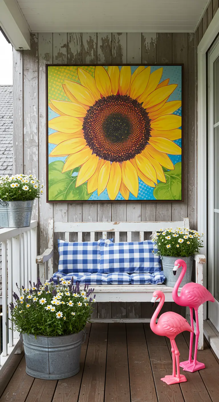 Veranda met een wit bankje, een groot pop-art schilderij van een zonnebloem en roze flamingo's.