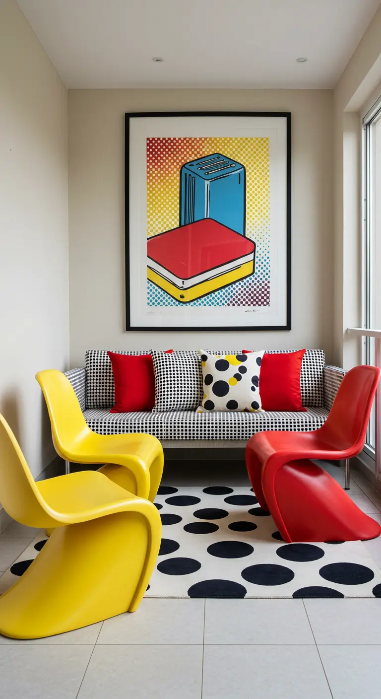 Balkon met Pop Art-schilderij, grafische patronen en felgekleurde designstoelen.
