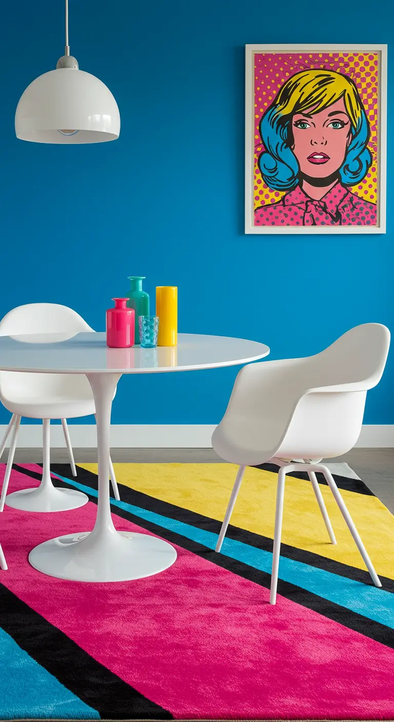 Moderne eethoek met een felgekleurd tapijt in roze, geel en blauw, in pop-art stijl.