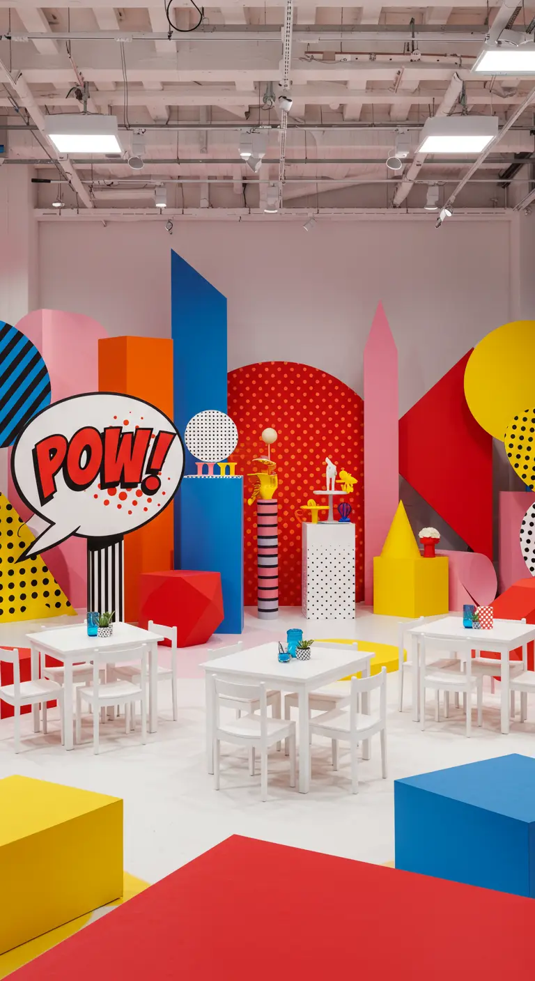 Feestruimte in pop art-stijl met grote, kleurrijke geometrische blokken, een 'POW!' tekstballon en witte tafels.