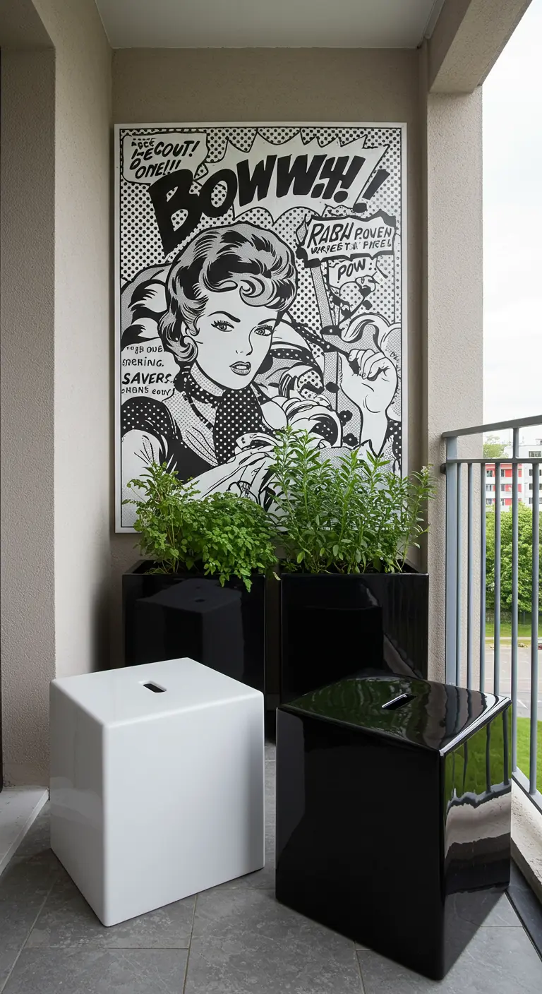 Balkon met een groot pop-art schilderij aan de muur en glanzende zwarte en witte krukjes.