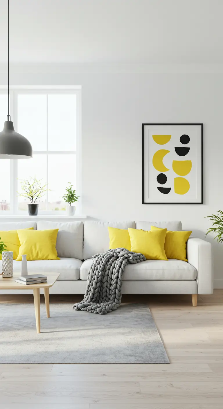 Witte woonkamer met grijze bank, gele kussens, abstracte gele kunst en plant.