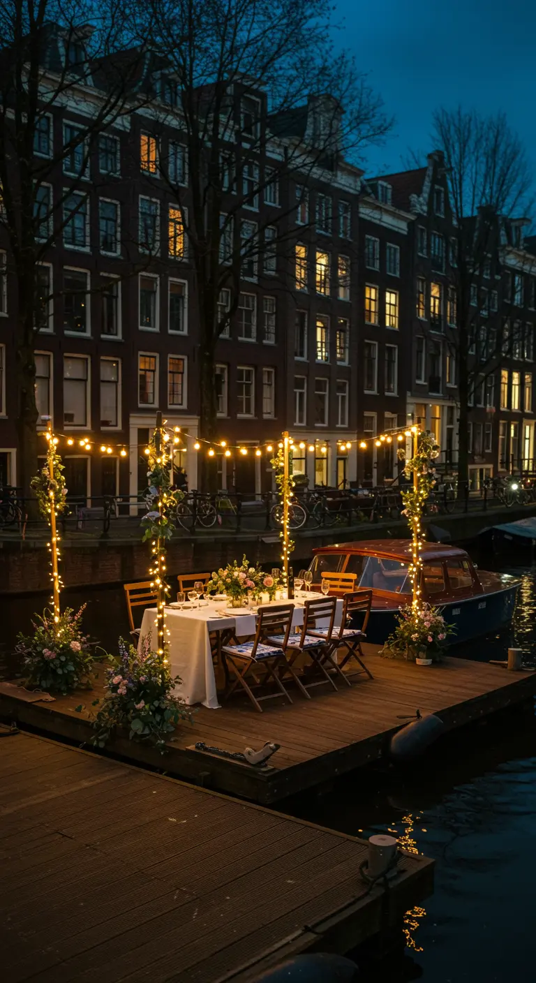 Intiem diner op een vlonder aan de Amsterdamse grachten, omlijst door palen met lichtsnoeren.