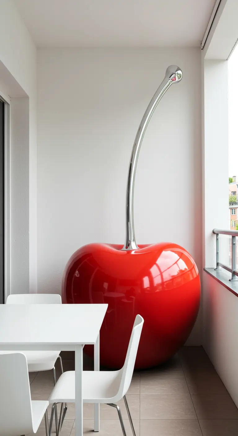 Oversized, glanzend rood kersenbeeld op een strak, wit balkon.