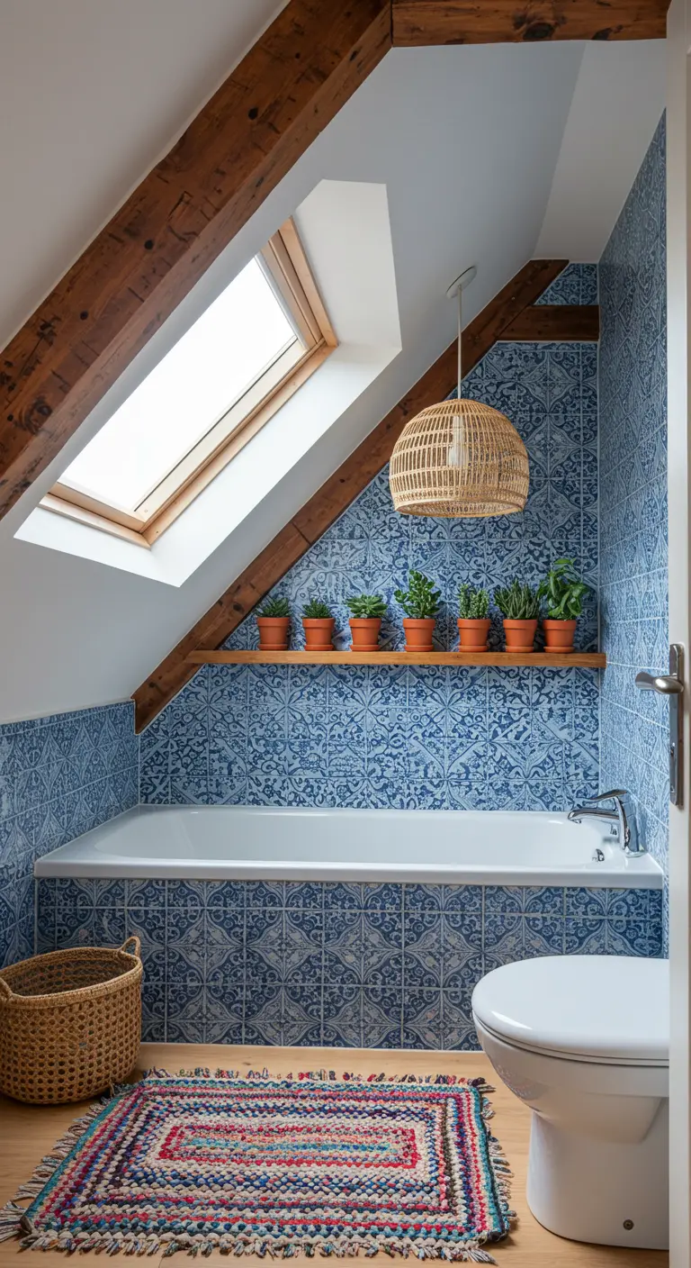 Zolderbadkamer met blauwe patroontegels en een houten balk.