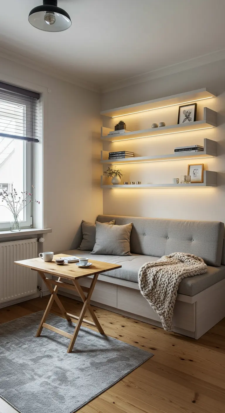 Kleine woonkamer met zitbank, verlichte planken en inklapbare houten tafel.