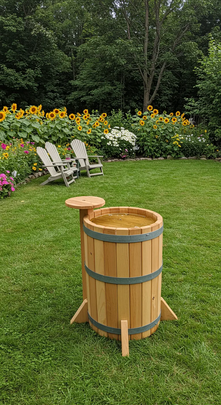 Houten regenton in een zonnige tuin als waterbron en bijzettafel, met tuinstoelen en zonnebloemen op de achtergrond.