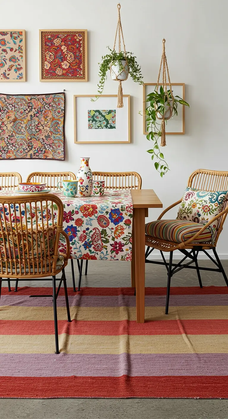 Kleurrijke eetkamer met rotan stoelen en een mix van bloemenprints en strepen.
