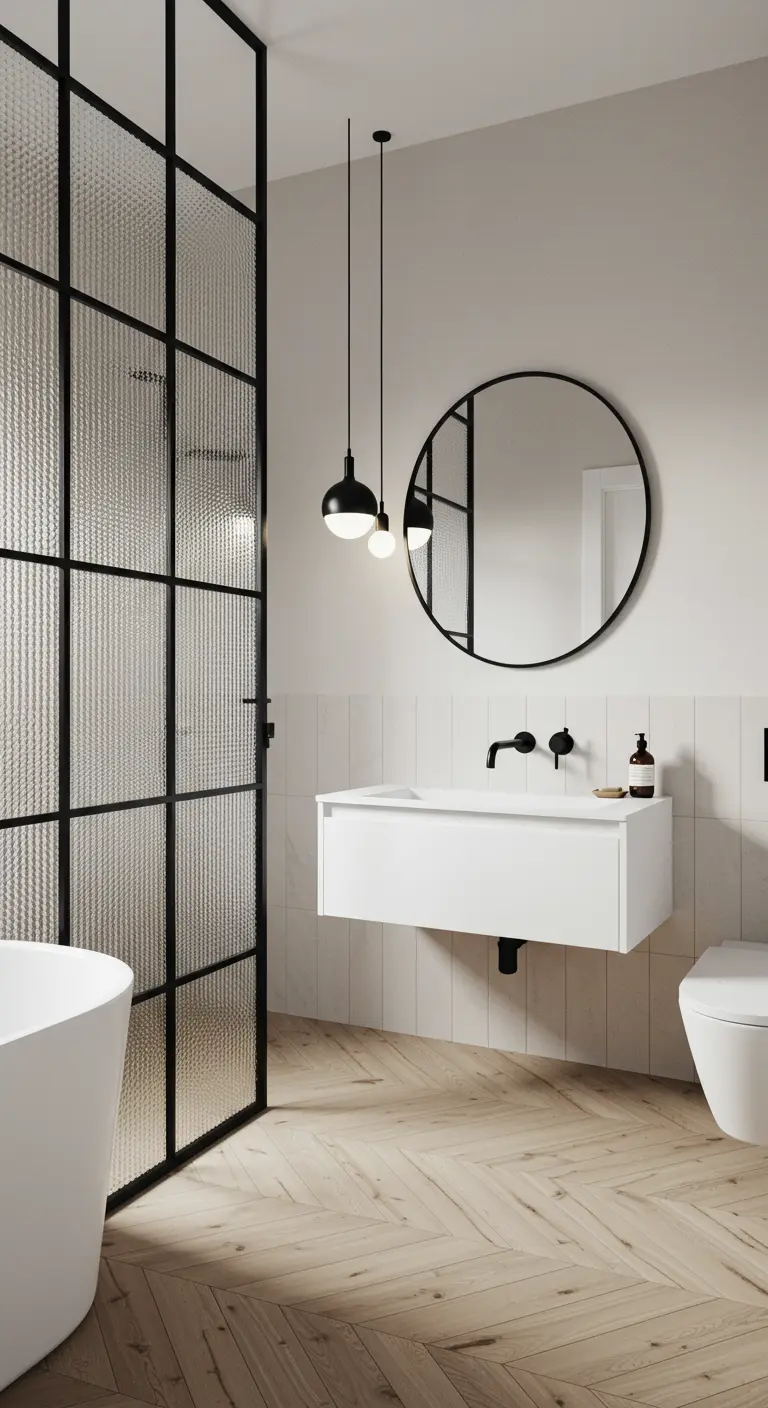 Lichte badkamer met visgraatvloer en douchewand van geribbeld glas.