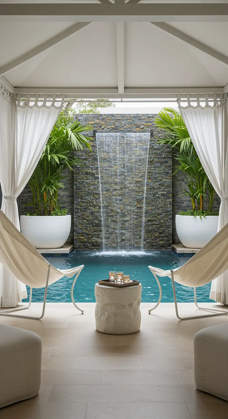 Twee witte hangstoelen in een cabana met uitzicht op een zwembad met een grote watervalmuur.