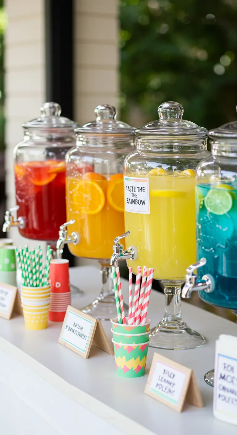 Rij met glazen drankdispensers gevuld met gekleurde limonades.