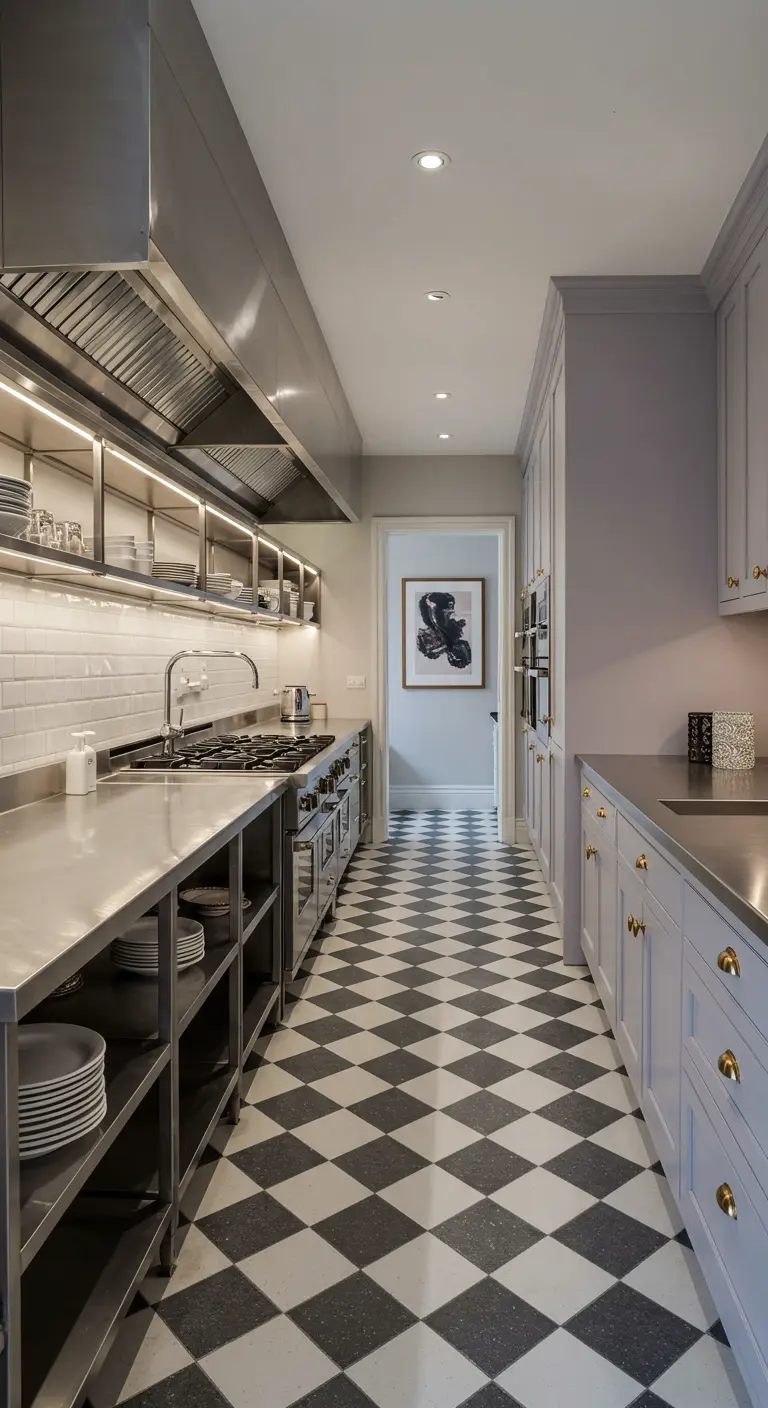RVS keuken met open planken, een zwart-wit geblokte vloer en lichtgrijze kasten.