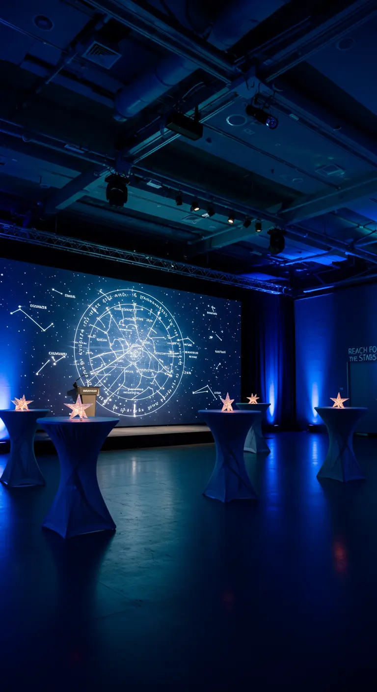 Grote projectie van een sterrenkaart op een muur in een donkere evenementenruimte.