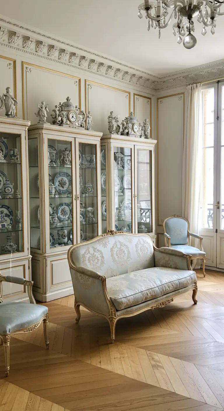 Lichte woonkamer met klassieke vitrinekasten vol porselein en een sierlijke bank