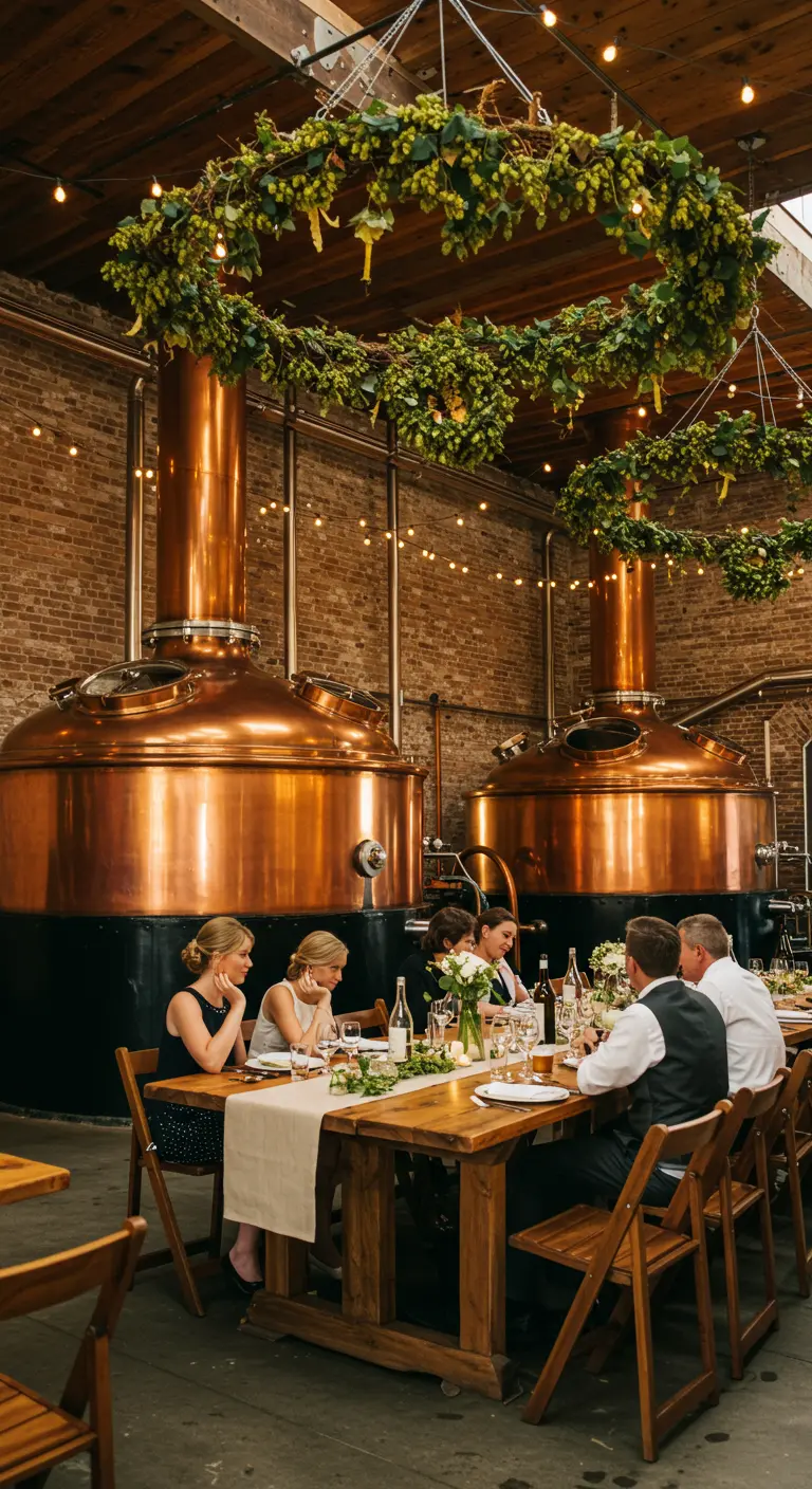 Diner in een brouwerij met gasten aan een houten tafel, voor grote koperen brouwketels.