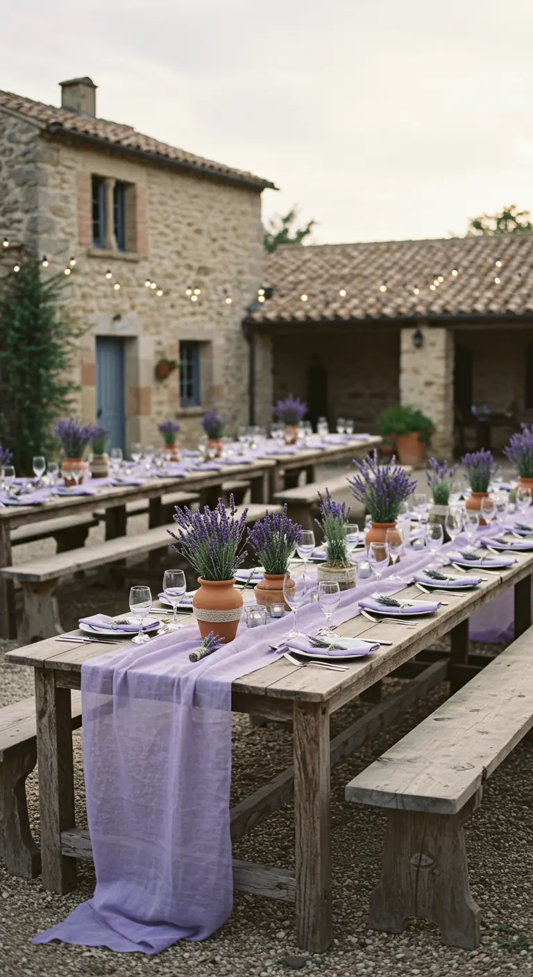 Buitenbruiloft in Franse stijl met lange houten tafels, lavendelkleurige lopers en potten lavendel.