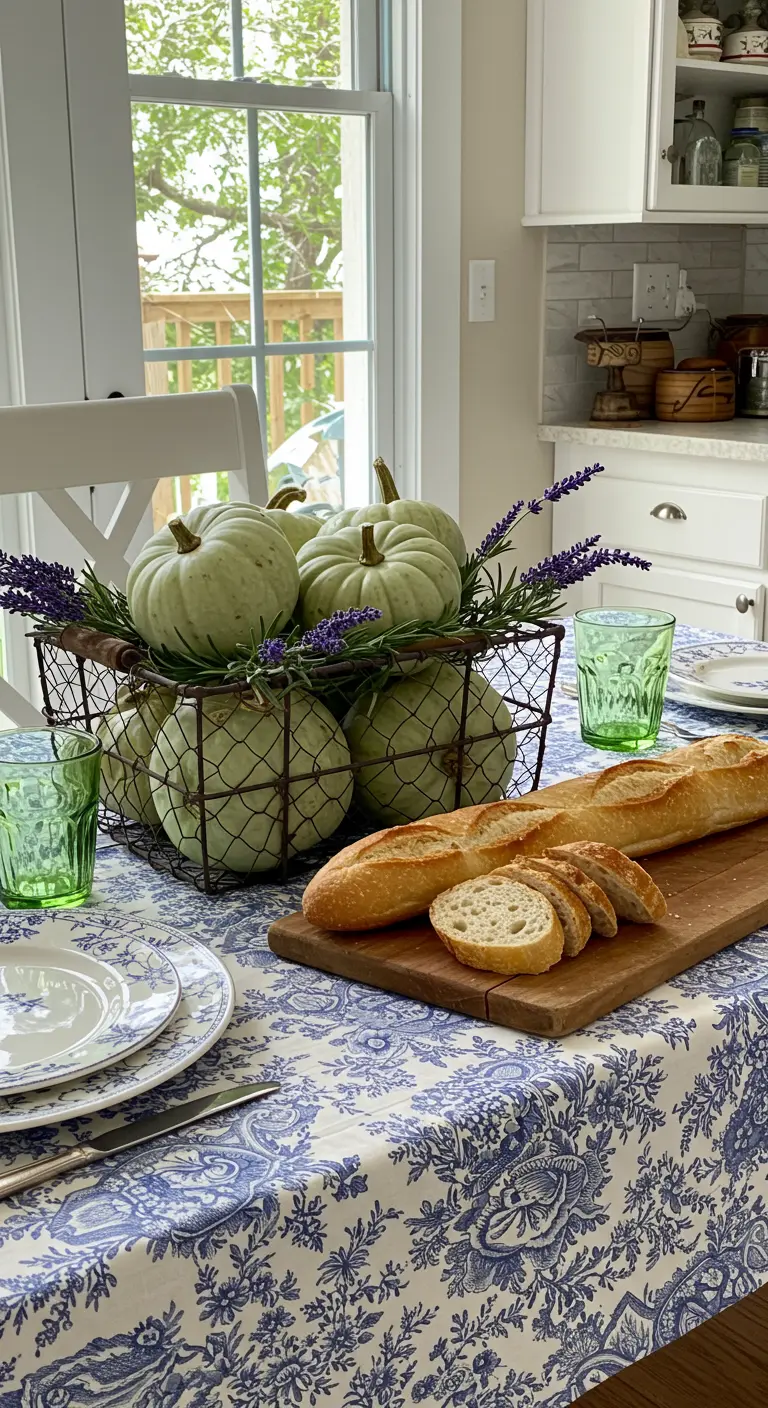 Tafel met blauw-wit tafelkleed, groene pompoenen in draadmand en lavendel.