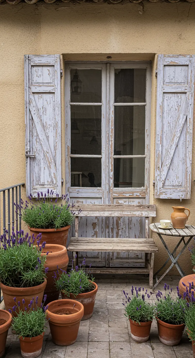 Rustiek balkon met verweerde luiken, een houten bankje en potten vol lavendel.