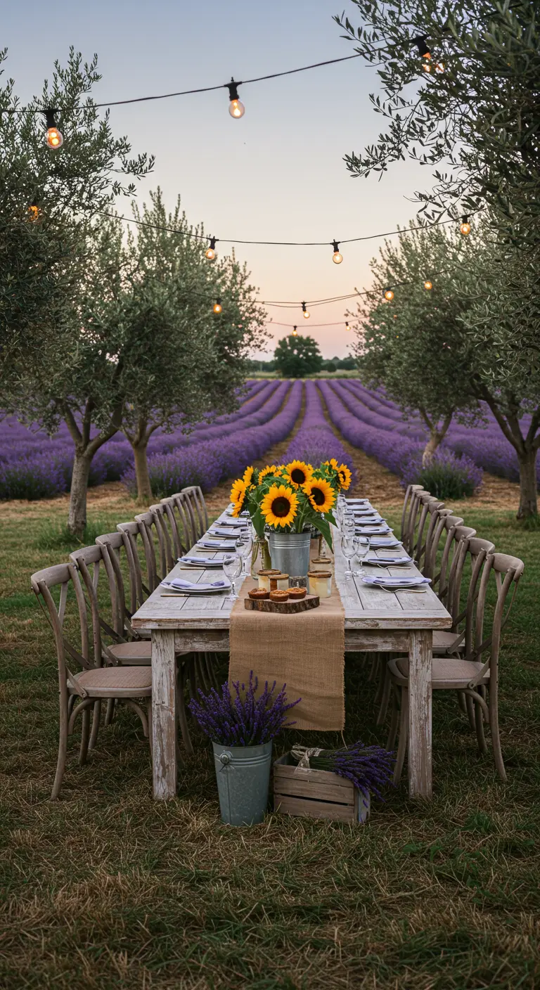 Lange houten tafel tussen olijfbomen met uitzicht op een lavendelveld, versierd met zonnebloemen.